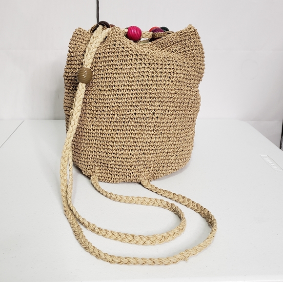 *SOLD* Jennifer Moore Woven Straw Bead Bucket Bag - Picture 2 of 8